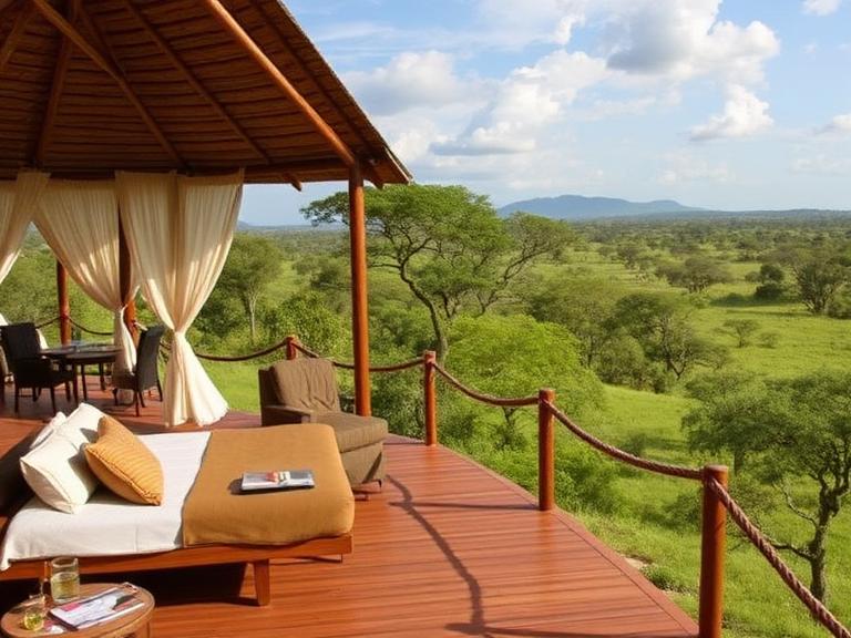 Tanzania Safari Lodges featuring a luxury wooden deck overlooking vast green savannah with comfortable seating and panoramic African wilderness views