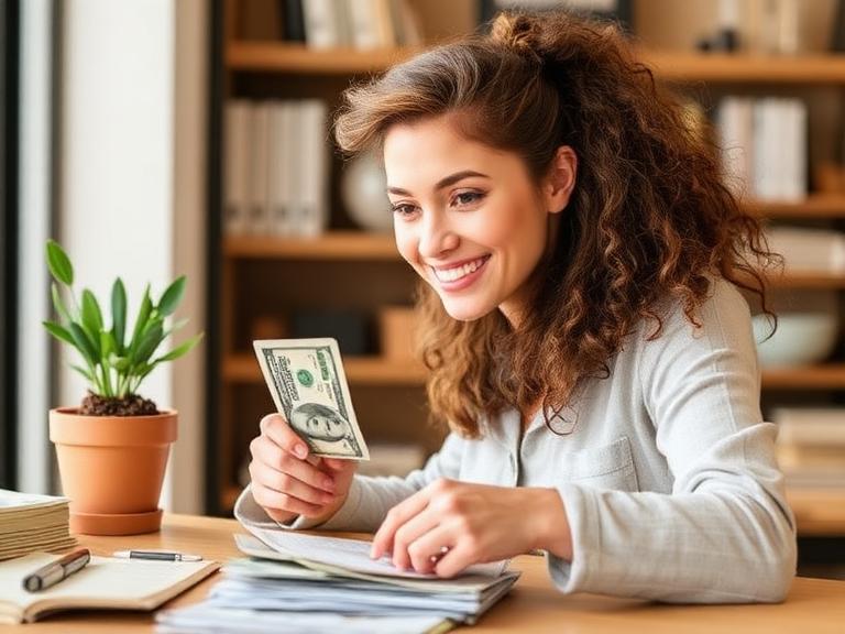Smiling woman counting cash at a desk with bills and notebooks, representing smart budgeting and tips on how to save money fast.