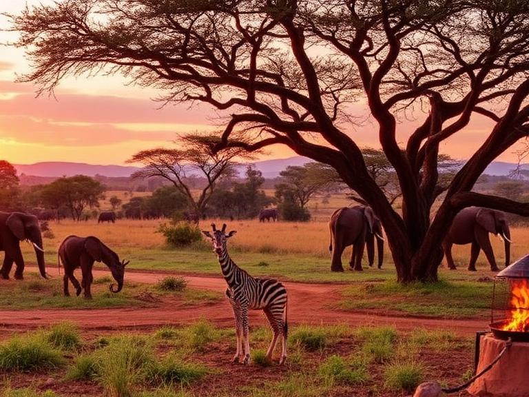 Tanzania safari cost scene showing zebra standing in Serengeti plains at sunset with elephants and acacia trees in the background
