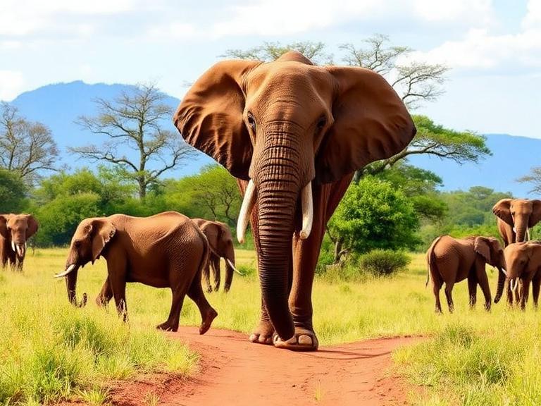 African safari guide featuring a large elephant walking through the African savannah with a herd of elephants during a wildlife safari adventure.