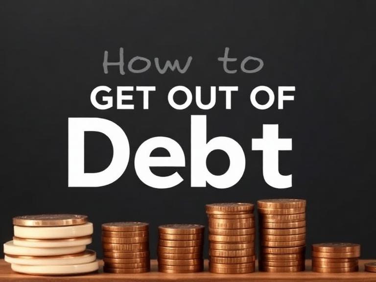Stacks of coins with bold text reading “How to Get Out of Debt” on a dark background, symbolizing debt repayment and financial recovery.