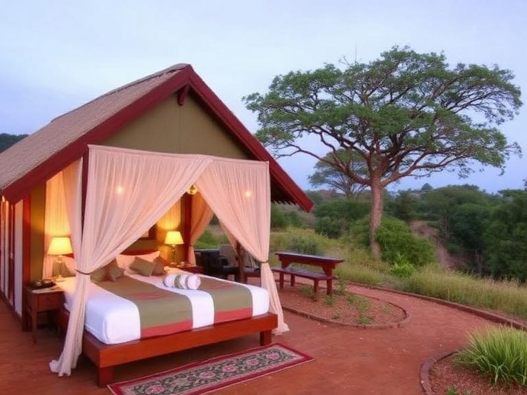 Tanzania safari accommodation featuring a luxury tented camp in the Serengeti surrounded by scenic wilderness views