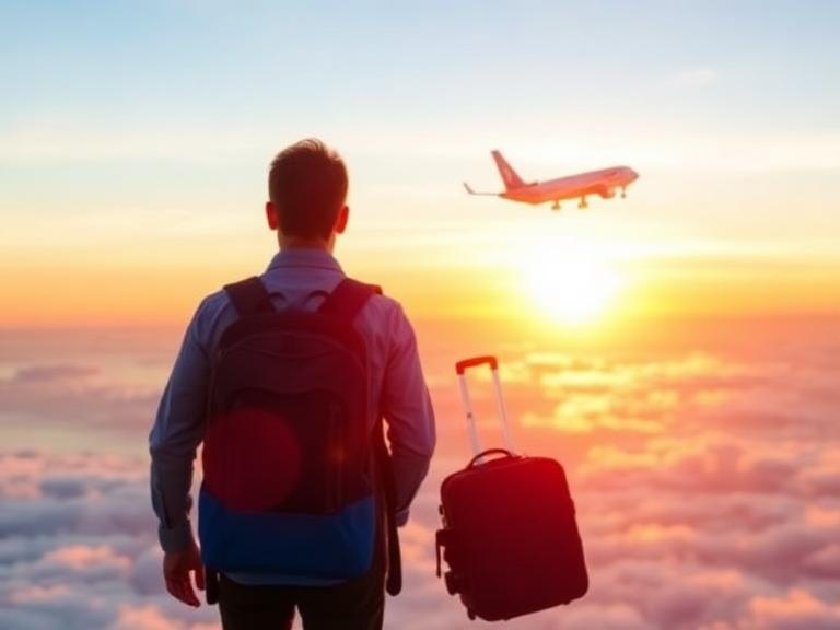 Traveler watching an airplane during sunset while carrying luggage, representing the best frequent flyer programs in India and airline miles rewards.