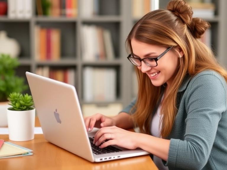 Young woman using a laptop at home while researching free laptop with EBT assistance programs for low-income families and students.
