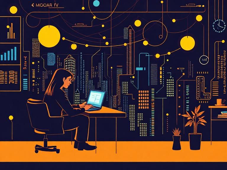 Illustration of a person working on a laptop in a futuristic digital workspace representing the Future of Work with data visuals and cityscape interface.